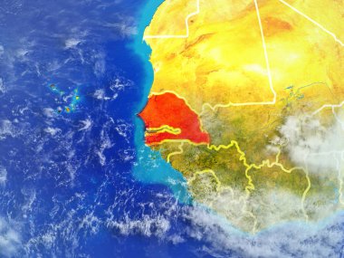 Senegal modeli bir ülke sınırları ile dünya gezegeni uzaydan. Son derece ince detay gezegenin yüzey ve bulutlar. 3D çizim. Nasa tarafından döşenmiş bu görüntü unsurları.