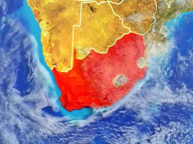 Güney Afrika modeli bir ülke sınırları ile dünya gezegeni uzaydan. Son derece ince detay gezegenin yüzey ve bulutlar. 3D çizim. Nasa tarafından döşenmiş bu görüntü unsurları.