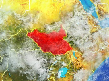 Güney Sudan modeli bir ülke sınırları ile dünya gezegeni uzaydan. Son derece ince detay gezegenin yüzey ve bulutlar. 3D çizim. Nasa tarafından döşenmiş bu görüntü unsurları.