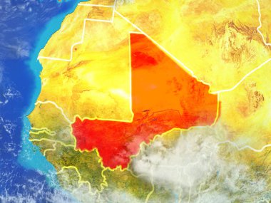 Mali modeli bir ülke sınırları ile dünya gezegeni uzaydan. Son derece ince detay gezegenin yüzey ve bulutlar. 3D çizim. Nasa tarafından döşenmiş bu görüntü unsurları.