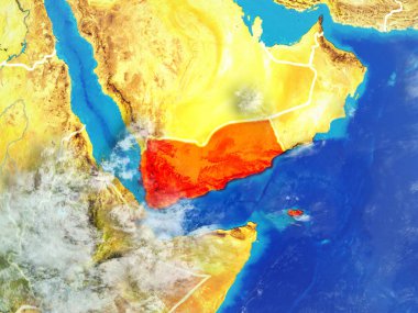 Yemen modeli bir ülke sınırları ile dünya gezegeni uzaydan. Son derece ince detay gezegenin yüzey ve bulutlar. 3D çizim. Nasa tarafından döşenmiş bu görüntü unsurları.