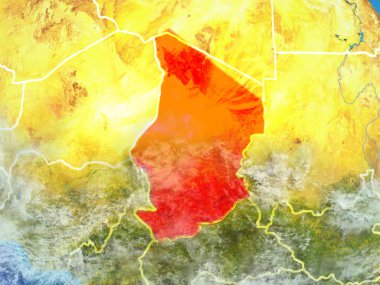 Chad modeli bir ülke sınırları ile dünya gezegeni uzaydan. Son derece ince detay gezegenin yüzey ve bulutlar. 3D çizim. Nasa tarafından döşenmiş bu görüntü unsurları.