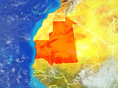 Moritanya modeli bir ülke sınırları ile dünya gezegeni uzaydan. Son derece ince detay gezegenin yüzey ve bulutlar. 3D çizim. Nasa tarafından döşenmiş bu görüntü unsurları.