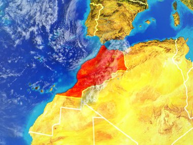 Fas modeli bir ülke sınırları ile dünya gezegeni uzaydan. Son derece ince detay gezegenin yüzey ve bulutlar. 3D çizim. Nasa tarafından döşenmiş bu görüntü unsurları.