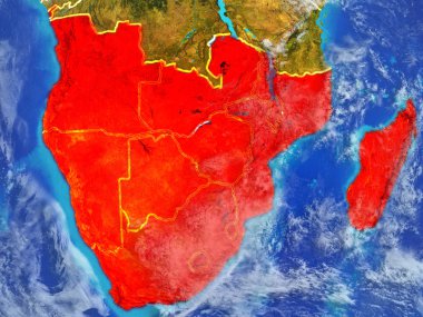 Güney Afrika modeli bir ülke sınırları ile dünya gezegeni uzaydan. Son derece ince detay gezegenin yüzey ve bulutlar. 3D çizim. Nasa tarafından döşenmiş bu görüntü unsurları.