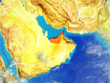 Birleşik Arap Emirlikleri modeli bir ülke sınırları ile dünya gezegeni uzaydan. Son derece ince detay gezegenin yüzey ve bulutlar. 3D çizim. Nasa tarafından döşenmiş bu görüntü unsurları.