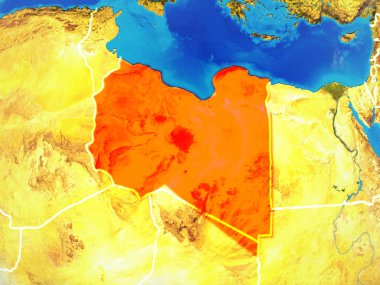 Libya modeli bir ülke sınırları ile dünya gezegeni uzaydan. Son derece ince detay gezegenin yüzey ve bulutlar. 3D çizim. Nasa tarafından döşenmiş bu görüntü unsurları.