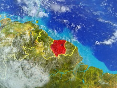 Surinam modeli bir ülke sınırları ile dünya gezegeni uzaydan. Son derece ince detay gezegenin yüzey ve bulutlar. 3D çizim. Nasa tarafından döşenmiş bu görüntü unsurları.