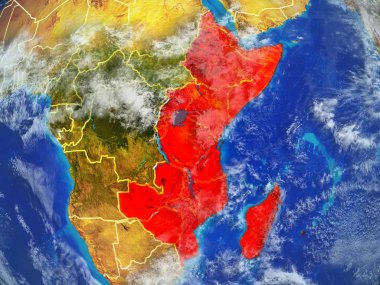 Doğu Afrika modeli bir ülke sınırları ile dünya gezegeni uzaydan. Son derece ince detay gezegenin yüzey ve bulutlar. 3D çizim. Nasa tarafından döşenmiş bu görüntü unsurları.