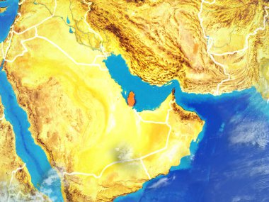 Katar modeli bir ülke sınırları ile dünya gezegeni uzaydan. Son derece ince detay gezegenin yüzey ve bulutlar. 3D çizim. Nasa tarafından döşenmiş bu görüntü unsurları.