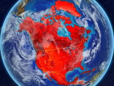 Kuzey Amerika modeli bir ülke sınırları ile dünya gezegeni uzaydan. Son derece ince detay gezegenin yüzey ve bulutlar. 3D çizim. Nasa tarafından döşenmiş bu görüntü unsurları.