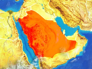 Suudi Arabistan modeli bir ülke sınırları ile dünya gezegeni uzaydan. Son derece ince detay gezegenin yüzey ve bulutlar. 3D çizim. Nasa tarafından döşenmiş bu görüntü unsurları.