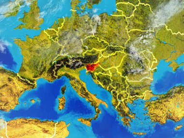Slovenya modeli bir ülke sınırları ile dünya gezegeni uzaydan. Son derece ince detay gezegenin yüzey ve bulutlar. 3D çizim. Nasa tarafından döşenmiş bu görüntü unsurları.