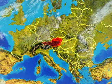 Avusturya modeli bir ülke sınırları ile dünya gezegeni uzaydan. Son derece ince detay gezegenin yüzey ve bulutlar. 3D çizim. Nasa tarafından döşenmiş bu görüntü unsurları.