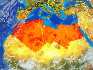 Kuzey Afrika modeli bir ülke sınırları ile dünya gezegeni uzaydan. Son derece ince detay gezegenin yüzey ve bulutlar. 3D çizim. Nasa tarafından döşenmiş bu görüntü unsurları.