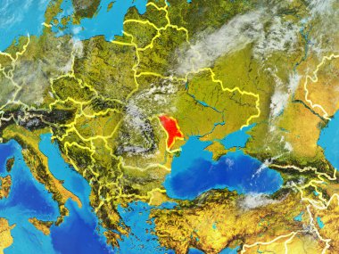 Moldova modeli bir ülke sınırları ile dünya gezegeni uzaydan. Son derece ince detay gezegenin yüzey ve bulutlar. 3D çizim. Nasa tarafından döşenmiş bu görüntü unsurları.