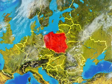 Polonya modeli bir ülke sınırları ile dünya gezegeni uzaydan. Son derece ince detay gezegenin yüzey ve bulutlar. 3D çizim. Nasa tarafından döşenmiş bu görüntü unsurları.