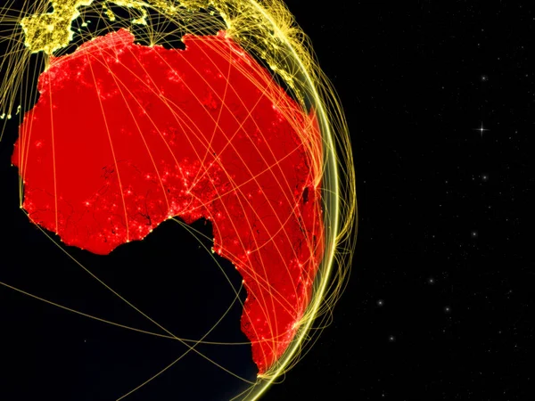 非洲在黑暗的地球上的空间与网络 大陆之间的互联网 电信或空中交通的概念 美国宇航局提供的这张图片的元素 — 图库照片