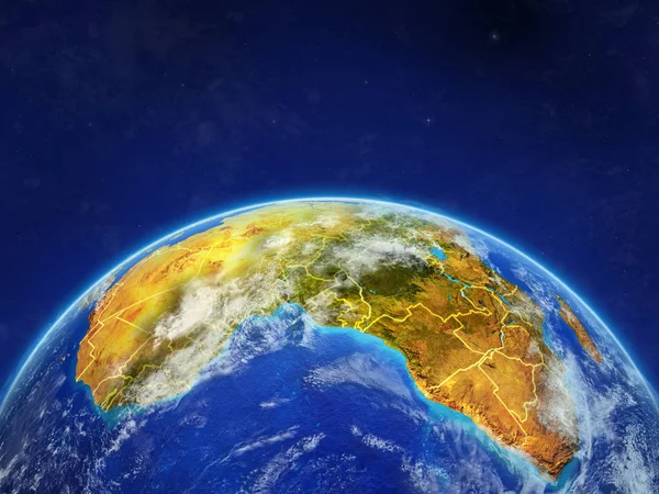 Africa on planet planet Earth with country borders. Extremely detailed planet surface and clouds. 3D illustration. Elements of this image furnished by NASA.