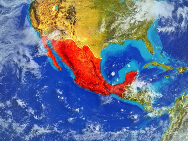 Mexico from space on model of planet Earth with country borders. Extremely fine detail of planet surface and clouds. 3D illustration. Elements of this image furnished by NASA.