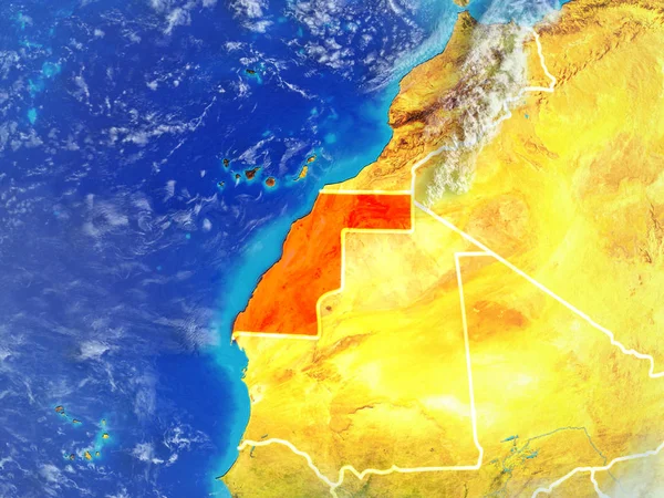 Western Sahara from space on model of planet Earth with country borders. Extremely fine detail of planet surface and clouds. 3D illustration. Elements of this image furnished by NASA.