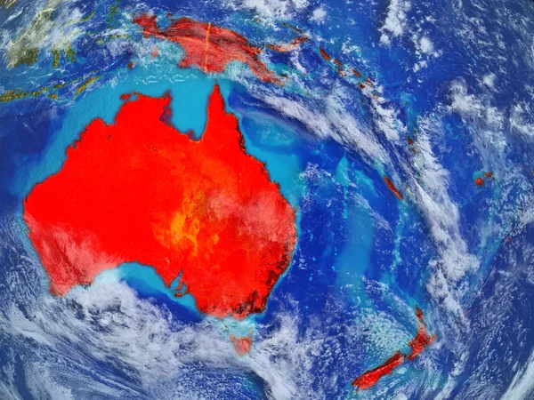 Australia from space on model of planet Earth with country borders. Extremely fine detail of planet surface and clouds. 3D illustration. Elements of this image furnished by NASA.
