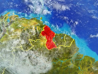 Guyana modeli bir ülke sınırları ile dünya gezegeni uzaydan. Son derece ince detay gezegenin yüzey ve bulutlar. 3D çizim. Nasa tarafından döşenmiş bu görüntü unsurları.