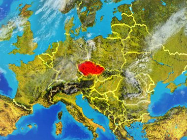 Çek Cumhuriyeti modeli bir ülke sınırları ile dünya gezegeni uzaydan. Son derece ince detay gezegenin yüzey ve bulutlar. 3D çizim. Nasa tarafından döşenmiş bu görüntü unsurları.