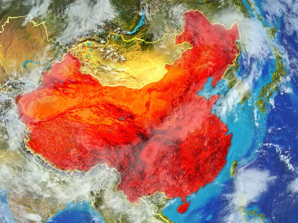 China from space on model of planet Earth with country borders. Extremely fine detail of planet surface and clouds. 3D illustration. Elements of this image furnished by NASA.