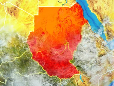 Eski Sudan modeli bir ülke sınırları ile dünya gezegeni uzaydan. Son derece ince detay gezegenin yüzey ve bulutlar. 3D çizim. Nasa tarafından döşenmiş bu görüntü unsurları.