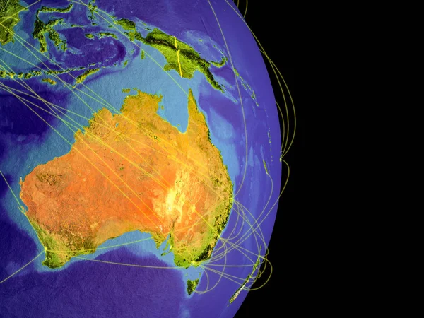 Australia Tierra Con Trayectorias Que Representan Comunicación Internacional Viajes Conexiones — Foto de Stock