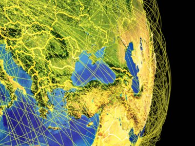 Dünyada temsil eden uluslararası iletişim, seyahat, bağlantıları yörüngeleri ile Karadeniz bölgesi. 3D çizim. Nasa tarafından döşenmiş bu görüntü unsurları.