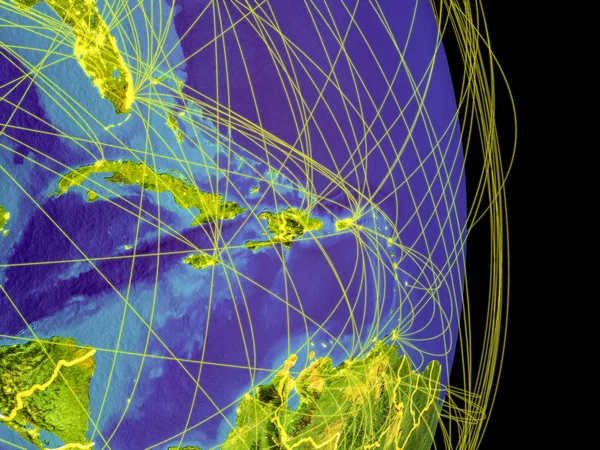 Karayipler Temsil Eden Uluslararası Iletişim Seyahat Bağlantıları Yörüngeleri Ile Yeryüzünde — Stok fotoğraf