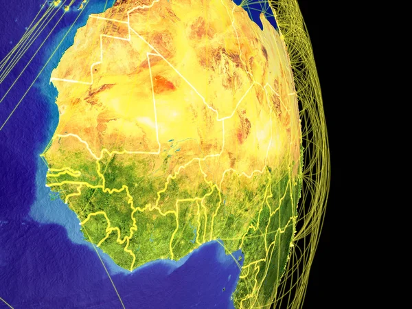 África Ocidental Terra Com Trajetórias Que Representam Comunicação Internacional Viagens — Fotografia de Stock