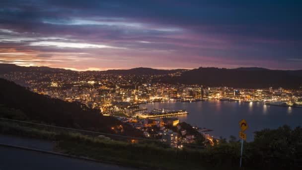 Timelapse Nightfall Wellington New Zealand Beautiful View Cityscape Getting Dark — Stock Video