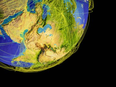 Asya seyahat, iletişim temsil eden uluslararası bağlantıları olan gezegeni uzaydan. 3D çizim. Nasa tarafından döşenmiş bu görüntü unsurları.