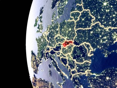 Slovakya uzaydan görünür şehir ışıkları ile gece manzarası. Çok detaylı plastik gezegenin yüzey. 3D çizim. Nasa tarafından döşenmiş bu görüntü unsurları.