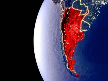 Arjantin uzaydan görünür şehir ışıkları ile gece manzarası. Çok detaylı plastik gezegenin yüzey. 3D çizim. Nasa tarafından döşenmiş bu görüntü unsurları.