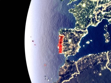 Portekiz uzaydan görünür şehir ışıkları ile gece manzarası. Çok detaylı plastik gezegenin yüzey. 3D çizim. Nasa tarafından döşenmiş bu görüntü unsurları.