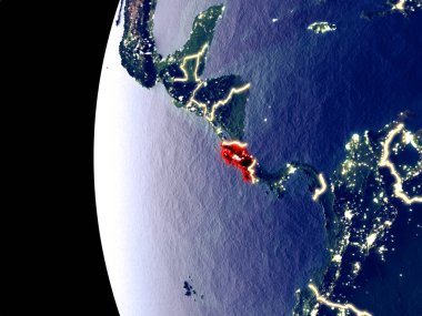 Kosta Rika uzaydan görünür şehir ışıkları ile gece manzarası. Çok detaylı plastik gezegenin yüzey. 3D çizim. Nasa tarafından döşenmiş bu görüntü unsurları.