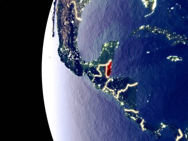 Belize uzaydan görünür şehir ışıkları ile gece manzarası. Çok detaylı plastik gezegenin yüzey. 3D çizim. Nasa tarafından döşenmiş bu görüntü unsurları.