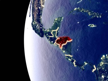 Honduras uzaydan görünür şehir ışıkları ile gece manzarası. Çok detaylı plastik gezegenin yüzey. 3D çizim. Nasa tarafından döşenmiş bu görüntü unsurları.