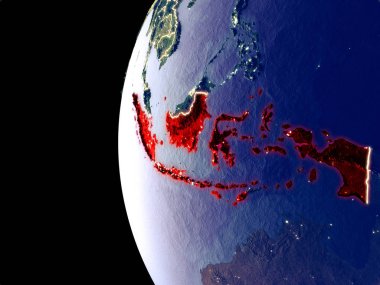 Endonezya uzaydan görünür şehir ışıkları ile gece manzarası. Çok detaylı plastik gezegenin yüzey. 3D çizim. Nasa tarafından döşenmiş bu görüntü unsurları.