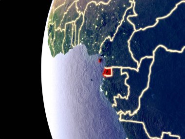 Ekvator Ginesi uzaydan görünür şehir ışıkları ile gece manzarası. Çok detaylı plastik gezegenin yüzey. 3D çizim. Nasa tarafından döşenmiş bu görüntü unsurları.