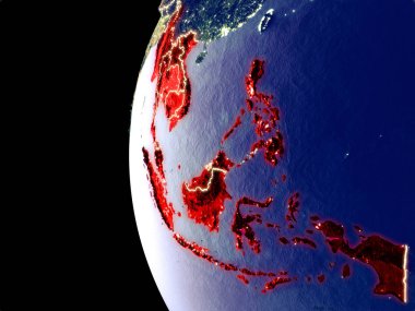 Gece görünümü uzaydan görünür şehir ışıkları ile Güney Doğu Asya. Çok detaylı plastik gezegenin yüzey. 3D çizim. Nasa tarafından döşenmiş bu görüntü unsurları.