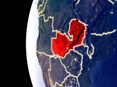 Zambiya uzaydan görünür şehir ışıkları ile gece manzarası. Çok detaylı plastik gezegenin yüzey. 3D çizim. Nasa tarafından döşenmiş bu görüntü unsurları.