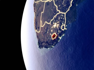 Lesotho uzaydan görünür şehir ışıkları ile gece manzarası. Çok detaylı plastik gezegenin yüzey. 3D çizim. Nasa tarafından döşenmiş bu görüntü unsurları.