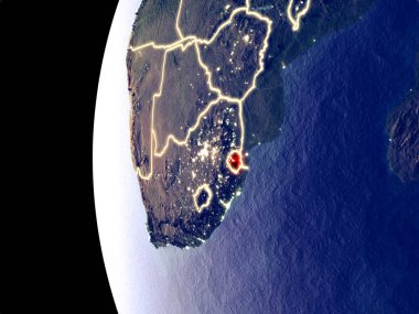 Eswatini uzaydan görünür şehir ışıkları ile gece manzarası. Çok detaylı plastik gezegenin yüzey. 3D çizim. Nasa tarafından döşenmiş bu görüntü unsurları.