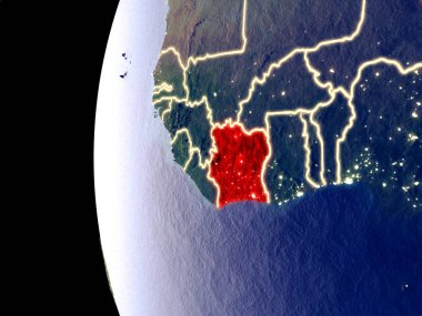 Fildişi Sahili uzaydan görünür şehir ışıkları ile gece manzarası. Çok detaylı plastik gezegenin yüzey. 3D çizim. Nasa tarafından döşenmiş bu görüntü unsurları.
