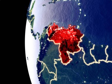 Venezuela uzaydan görünür şehir ışıkları ile gece manzarası. Çok detaylı plastik gezegenin yüzey. 3D çizim. Nasa tarafından döşenmiş bu görüntü unsurları.
